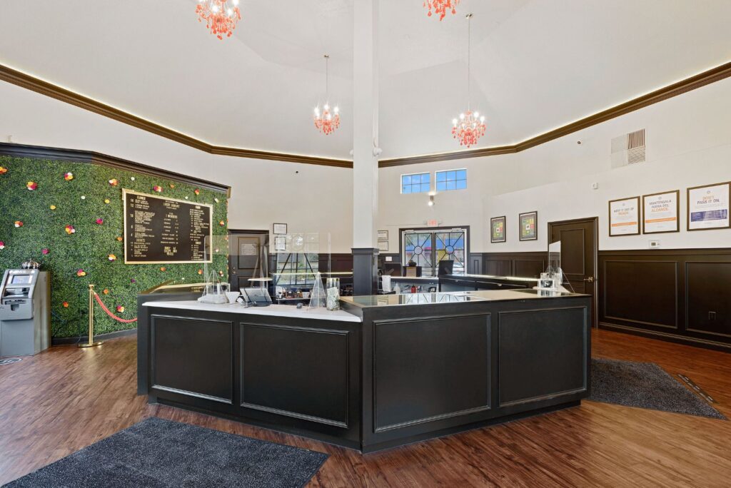 Entrance Foyer to Portland, OR Powell Dispensary Location With Custom Wood Entrance Feature